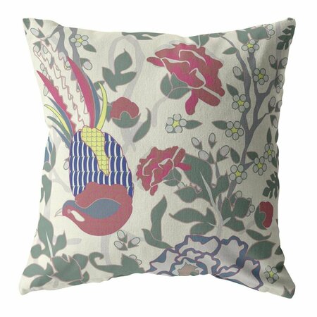 PALACEDESIGNS 18 in. Pink & Sage Peacock Indoor & Outdoor Throw Pillow Burgundy & White PA3093760